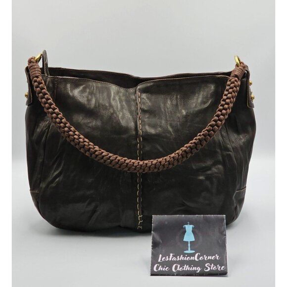 Christopher Kon Women's Brown Leather Braided Handle Shoulder Boho Bag Sz L 2561 - Picture 5 of 11
